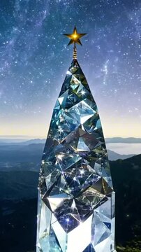 vertical 9:16 A towering crystal spire rises from a serene valley, reflecting the light of countless stars. Its surface sparkles in hues of blue and violet. Fantasy celestial aesthetic