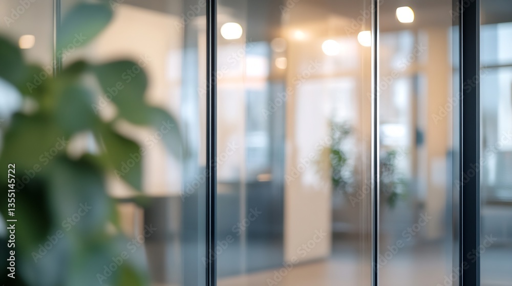Poster modern office space with glass doors and soft lighting creating a sleek professional environment : g