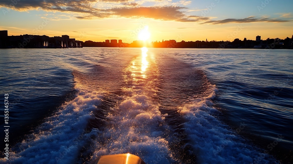 Poster vibrant sunset reflecting off water with boat wake creating beautiful patterns on the lakes surface 