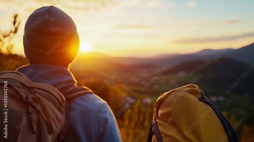 Poster hiker enjoying sunset view atop mountain with backpacks while surrounded by breathtaking landscapes 