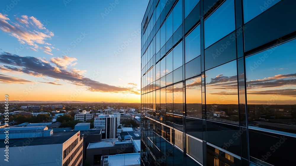 Poster elegant glass building reflecting a colorful sunset sky with picturesque clouds enhancing the urban 
