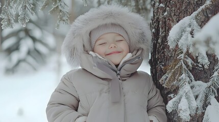 Child in Winter Coat Smiling Joyfully Next to Snow-Covered Tree in a Tranquil Forest