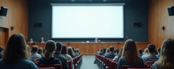 Students listen lecture in university hall. Blank projector screen for presentation. Education, learning, college, school, lesson, teaching, training. Audience watch speaker from back. Higher
