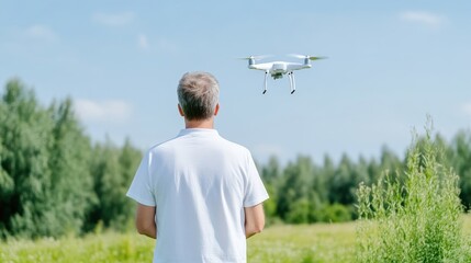 Man operating a drone in a field