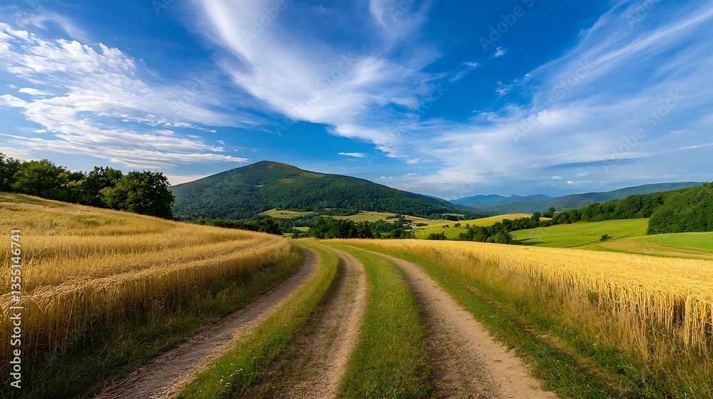 Poster scenic rural landscape with rolling hills and a winding path leading into vibrant fields : generativ
