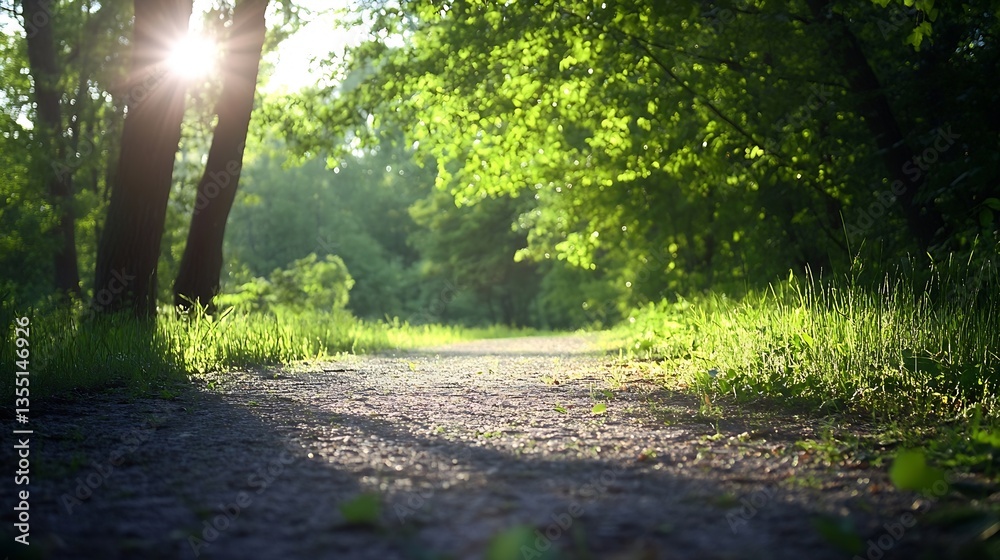 Poster a winding gravel path illuminated by soft sunlight in a tranquil green forest setting : generative a