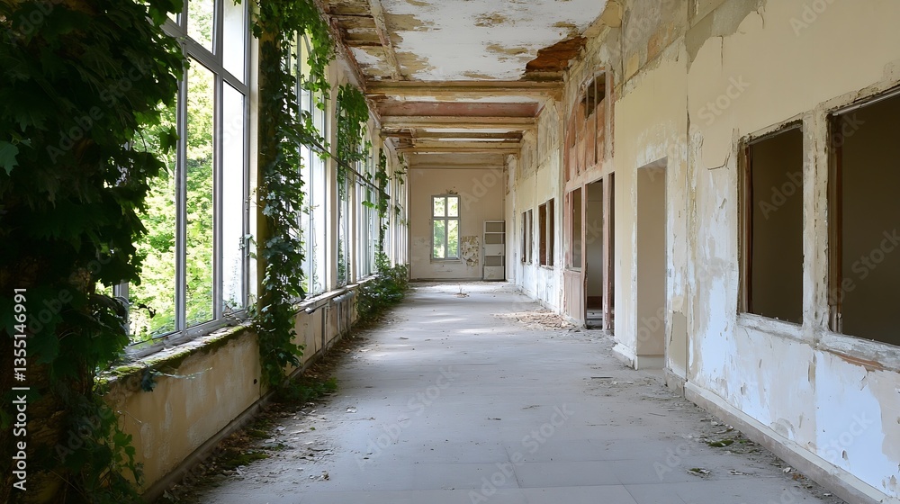 Aufkleber dilapidated hallway in an abandoned building surrounded by nature and overgrown vines : generative a