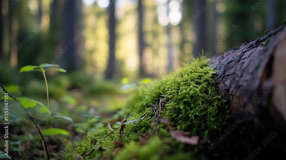 Aufkleber lush green moss covering a fallen log in a serene forest with dappled sunlight filtering through tre
