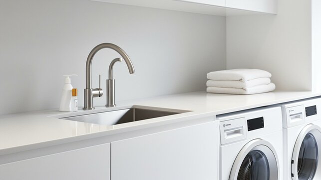 Functional minimalist laundry room featuring under-counter washer and dryer, maximizing small space efficiency.