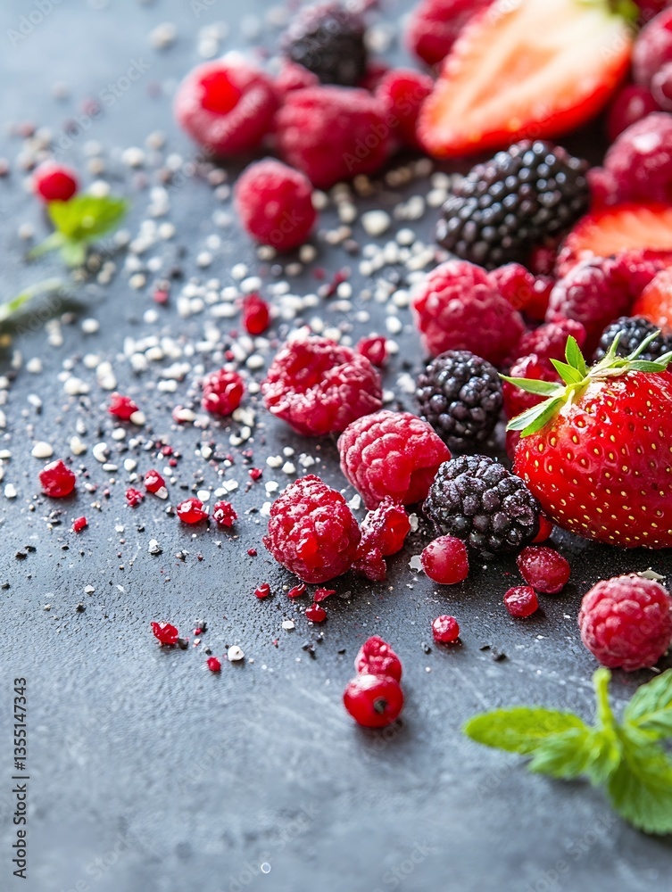 Aufkleber a colorful mix of fresh berries including strawberries raspberries and blackberries on a textured ba