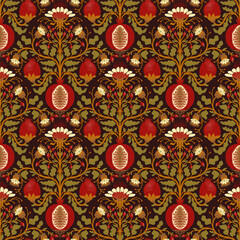 Seamless pattern with pomegranates. Vibrant pomegranate design in intricate floral pattern on dark backdrop
