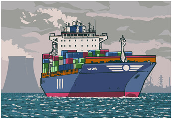 Color vector illustration of full commercial container ship from three quarter view