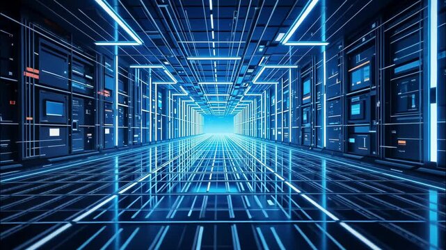 Futuristic corridor with neon blue lights creating a high tech digital environment. 