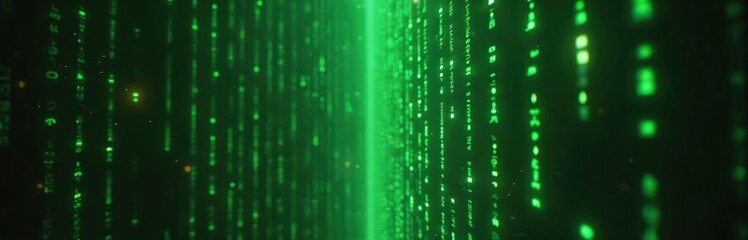 Futuristic digital green code with vertical streaming data. Matrix binary code flow in cyberspace. Tech background, modern network, electronic signal in information stream. Cyberpunk, data, ai.