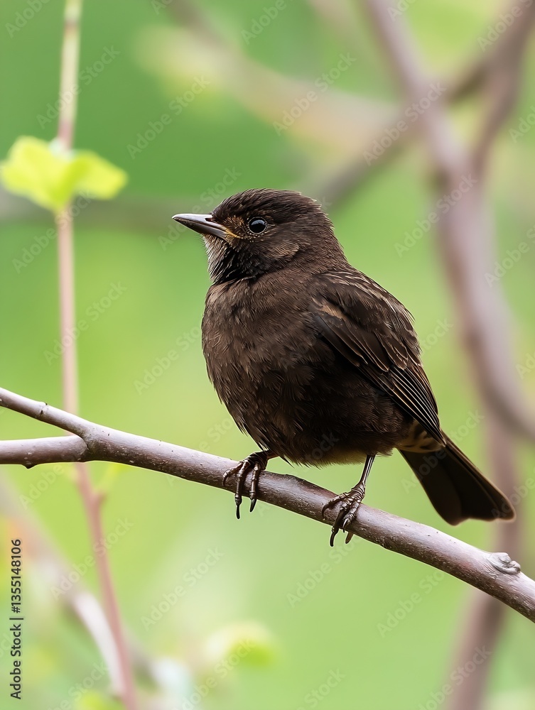 Poster Charming small bird perched on a branch amidst soft green foliage in a tranquil natural setting : Generative AI