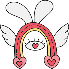 boho groovy easter Colorful cartoon design featuring a whimsical rainbow with wings. in doodle color line style