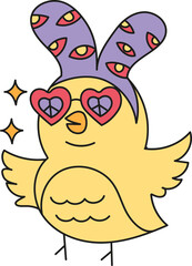 boho groovy easter Cute cartoon bird wearing heart-shaped sunglasses and a funky hat. in doodle color line style