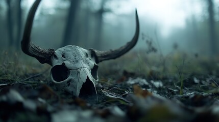 Fototapeta premium Mysterious closeup of an ancient animal skull with prominent horns resting on the forest floor surrounded by leaves : Generative AI