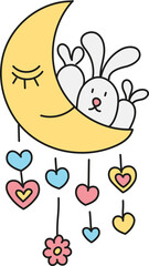 boho groovy easter A cute rabbit resting on a moon with colorful hearts hanging below. in doodle color line style