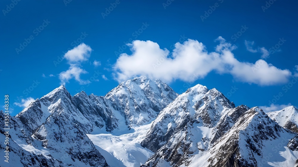 Poster stunning view of majestic snowcapped mountains against a clear blue sky with fluffy clouds in the ba