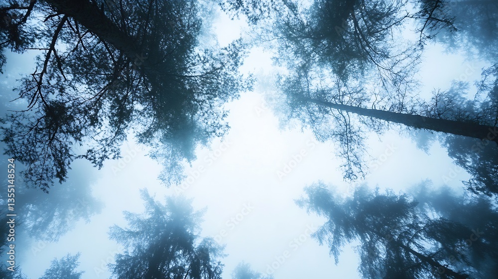 Aufkleber mysterious foggy forest with tall pine trees reaching into the misty sky : generative ai