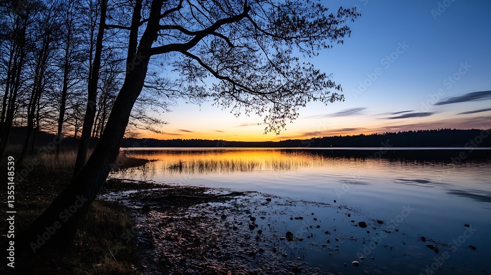Poster serene sunset reflection over calm lake framed by silhouetted trees creating a peaceful atmosphere :
