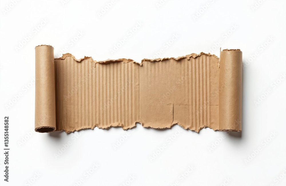Poster torn cardboard paper roll isolated on white background. ripped corrugated cardbox material edge deta