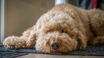 Beige poodle dog lying down on floor
