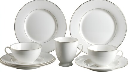 Elegant White Dinnerware Set with Gold Accents Including Plates, Cups, and Saucer