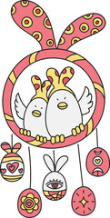 boho groovy easter Colorful illustration of two birds with decorative elements and Easter themes. in doodle color line style