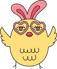 boho groovy easter Cute cartoon bird wearing heart-shaped glasses and bunny ears. in doodle color line style