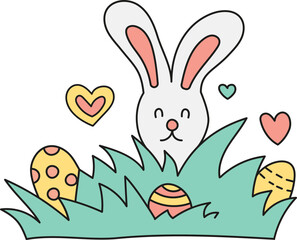 boho groovy easter Cute bunny surrounded by colorful eggs and hearts in grass. in doodle color line style