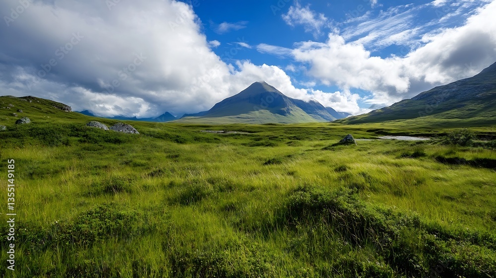 Poster vast green rolling hills with a majestic mountain range and dramatic cloudy sky : generative ai