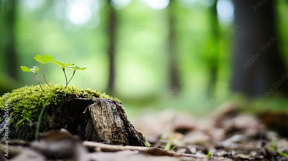 Poster Vibrant green sprout emerging from a weathered tree stump in a lush forest setting : Generative AI
