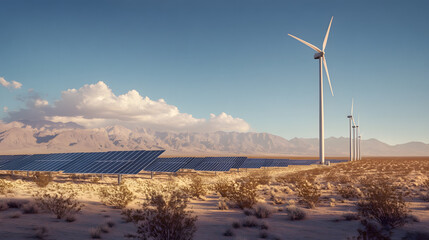 A futuristic wind farm with solar panels integrated into the turbine structures, surrounded by a vast desert landscape.