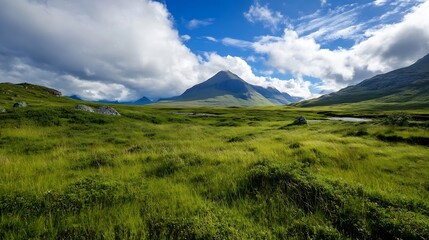 Naklejka premium Vast Green Rolling Hills with a Majestic Mountain Range and Dramatic Cloudy Sky : Generative AI