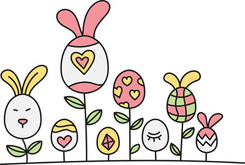 boho groovy easter Colorful Easter bunnies and eggs with whimsical designs in a floral arrangement. in doodle color line style