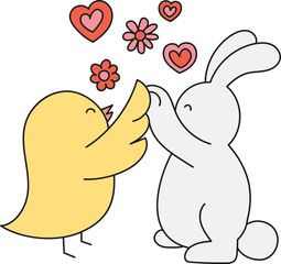 boho groovy easter Cheerful bird and rabbit sharing love and flowers. in doodle color line style