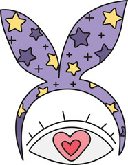 boho groovy easter Whimsical character with starry ears and a heart-eyed expression. in doodle color line style