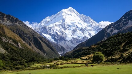 Obraz premium Stunning view of snowcapped mountains surrounded by lush greenery reflecting the beauty of untouched nature : Generative AI