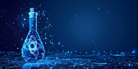 Science Flask with Atom and Digital Network Connection in Blue