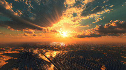 Obraz premium A giant solar farm in the countryside, where solar panels are aligned to capture the maximum amount of sunlight for energy production.