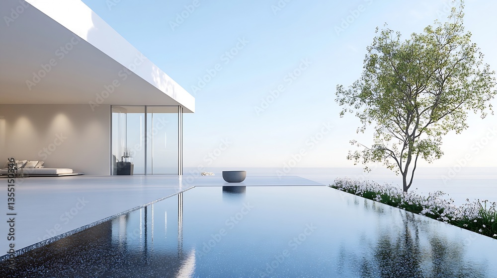 Aufkleber Stylish modern home with a serene view of the pool area and surrounding nature on a clear day : Generative AI