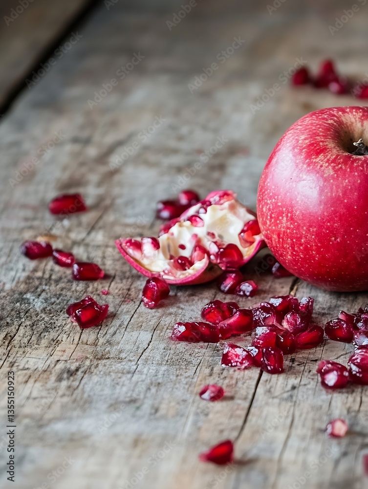 Aufkleber fresh red apple on wooden table with scattered pomegranate seeds and peel showcasing vibrant colors 