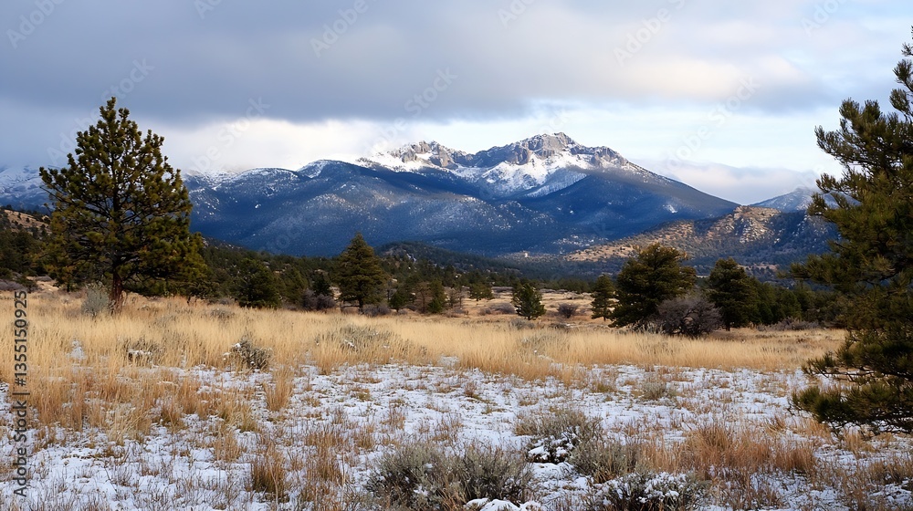 Poster stunning autumn scenery featuring mountains under a cloudy sky showcasing colorful grasslands in the