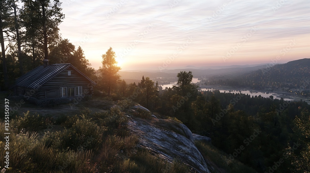 Poster scenic sunset view of a rustic cabin on a hillside overlooking a tranquil river landscape : generati
