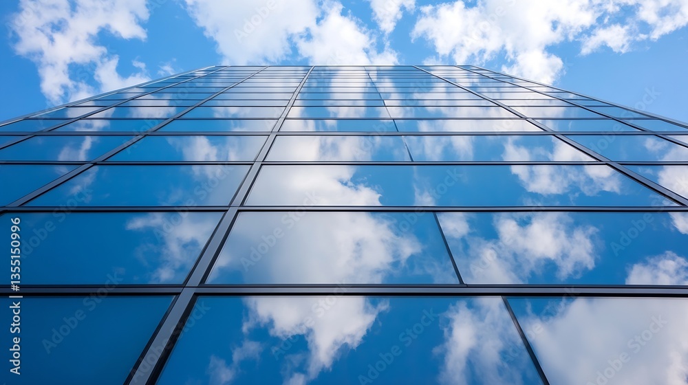 Poster Skyward view of a skyscraper reflecting clouds and blue sky in modern urban architecture : Generative AI