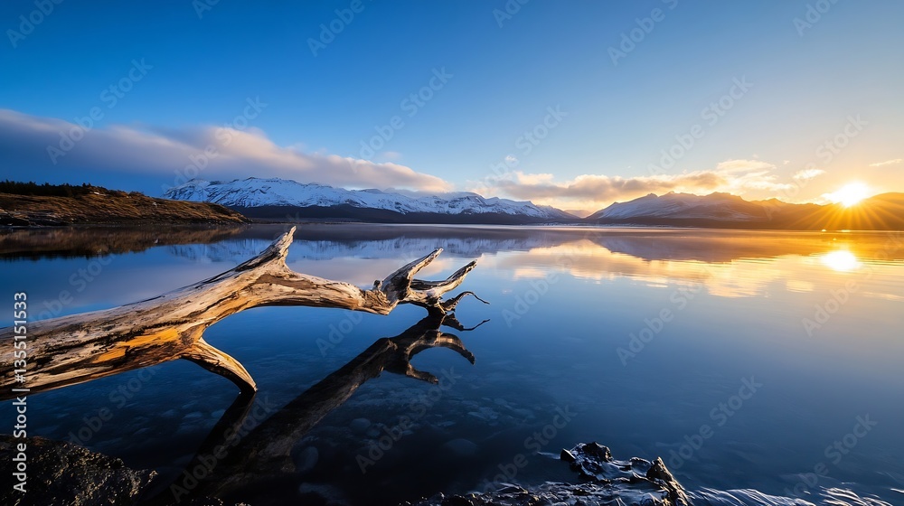 Poster serene view of a tranquil lake reflecting mountains and a vibrant sunset sky : generative ai