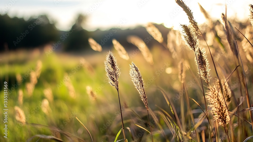 Poster golden sunlight illuminates tall grass in a peaceful natural setting : generative ai