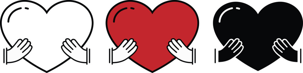 Hands Holding Heart Icon in Black, Red, and White - Love and Care Symbol